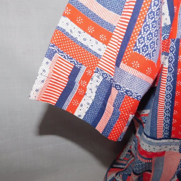 VTG Doug's Leisure Wear Mens L Red white blue Patchwork Look Button front Shirt - Picture 6 of 11